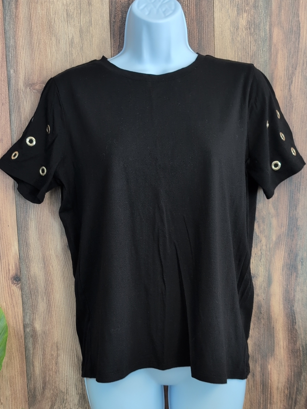Michael Kors Black Short Sleeve Top Gold Grommet Tee S 907A